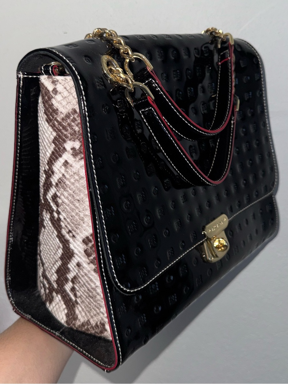 Arcadia Black Patent Satchel Handbag with Red-Trim Top Handle and Snake Print